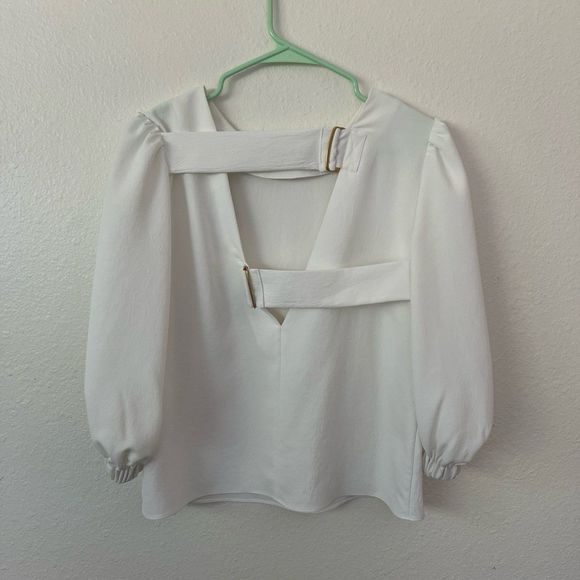 Tibi White Blouse Shirt 3/4 Puff Sleeve Partial Open Back Straps - Picture 4 of 11